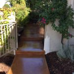 A garden path with terracotta stained concrete steps is flanked by lush greenery and a white metal railing, leading up to a residence. The path is bordered by flowering bushes and decorative plants, creating a welcoming approach to the home.