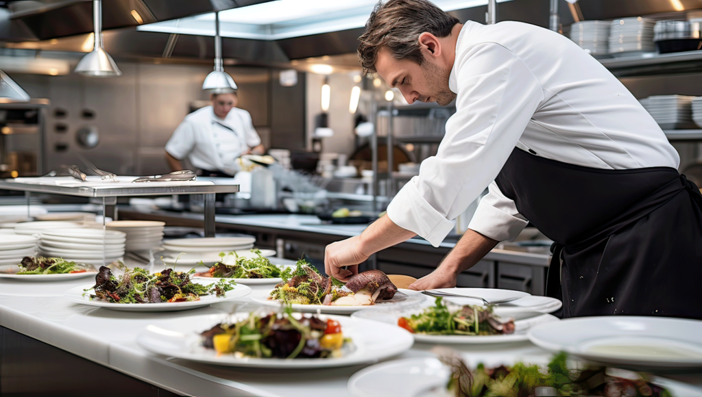 Commercial kitchen with chefs preparing plates of food. Epoxy flooring for areas where food is prepped are ideal for keeping things clean and sanitized.