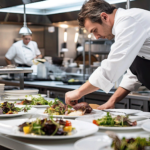 Commercial kitchen with chefs preparing plates of food. Epoxy flooring for areas where food is prepped are ideal for keeping things clean and sanitized.