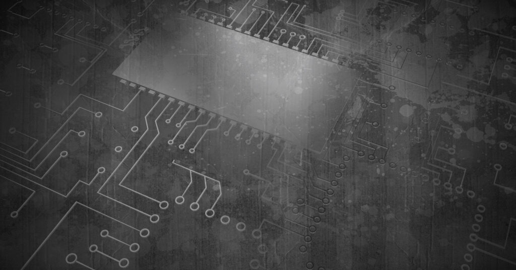 Abstract image of a gray, grunge-styled circuit board pattern with faint, splattered textures. The design includes thin lines and circular connection points, resembling electronic pathways. A large, blurred rectangular area suggests the presence of a central microchip. The image is meant to convey the idea of melding technology in the creation of 3D concrete.