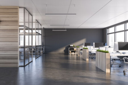 A modern, open-concept office space with a minimalist design. The room features a polished concrete floor, a dark gray accent wall, and large windows on the right, allowing natural light to flood in. The workspace includes rows of white desks with sleek office chairs, partitioned by planters filled with green grass-like plants. To the left, a meeting room with glass walls and a light wood-paneled exterior is visible. Overhead, linear pendant lights hang from a clean white ceiling. A small shelving unit with books and plants sits against the back wall.