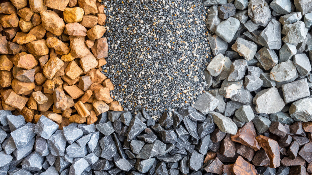 A top-down view of four different types of rocks and gravel, neatly arranged in sections. Clockwise from the top left: coarse orange-brown rocks, small multicolored gravel, grayish-white rocks, and dark brown rocks with a polished appearance. Each type of material contrasts in texture and color, showcasing their distinct characteristics.