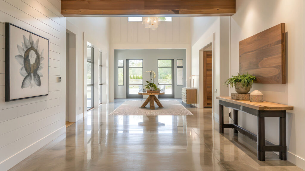 Spacious modern entryway with polished concrete floors and high ceilings. A rustic wooden table with a white orchid centerpiece sits on a textured beige rug in front of large windows with black trim, offering a view of greenery outside. On the left, a large framed botanical artwork hangs on white shiplap walls. On the right, a wooden console table with black metal legs holds a potted fern and decorative items, with a large wooden panel mounted above it. A glass chandelier hangs from the ceiling.