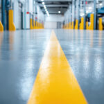 Shiny, concrete coated industrial floor with a bold yellow centerline stretching into the distance, flanked by yellow safety barriers and vehicle lifts in a brightly lit, modern automotive service facility