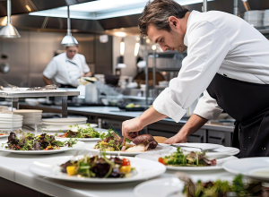 Commercial kitchen with chefs preparing plates of food. Epoxy flooring for areas where food is prepped are ideal for keeping things clean and sanitized.