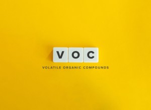 A minimalistic image with the letters 'VOC' displayed on three white square tiles against a bright yellow background. Below the tiles, the text 'Volatile Organic Compounds' is written in black, centered beneath the letters.