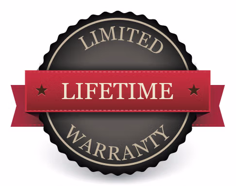 A graphic seal that reads 'LIMITED LIFETIME WARRANTY' in gold lettering on a dark background with a red ribbon banner across the middle, featuring two stars. The design conveys an official guarantee or promise of long-term product quality and reliability.