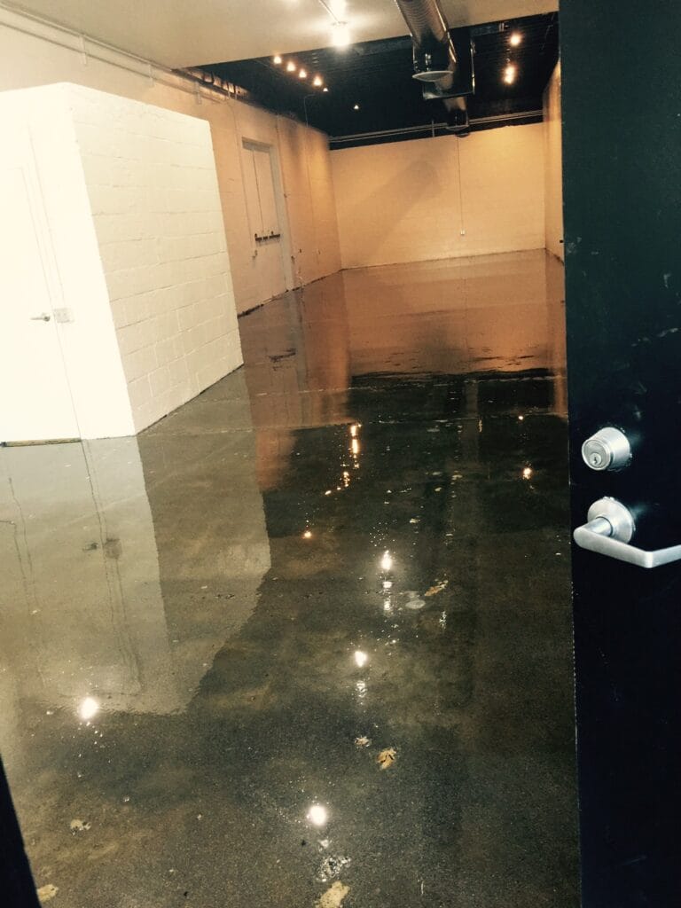 View from behind a door partially ajar, showing a large room with a wet concrete floor reflecting the overhead lights, with white painted brick walls and a sense of depth created by the lighting.