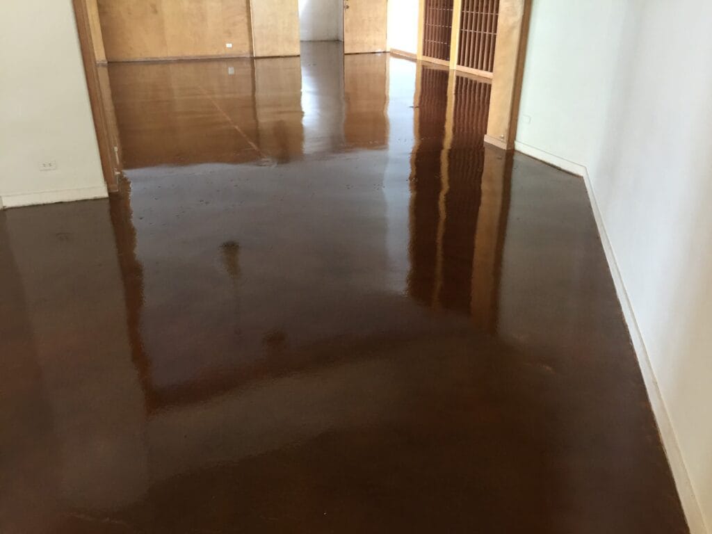 An empty room with a freshly polished reddish-brown concrete floor reflecting the surrounding walls and a wooden partition, with a few minor footprints marking the surface, indicating recent activity.