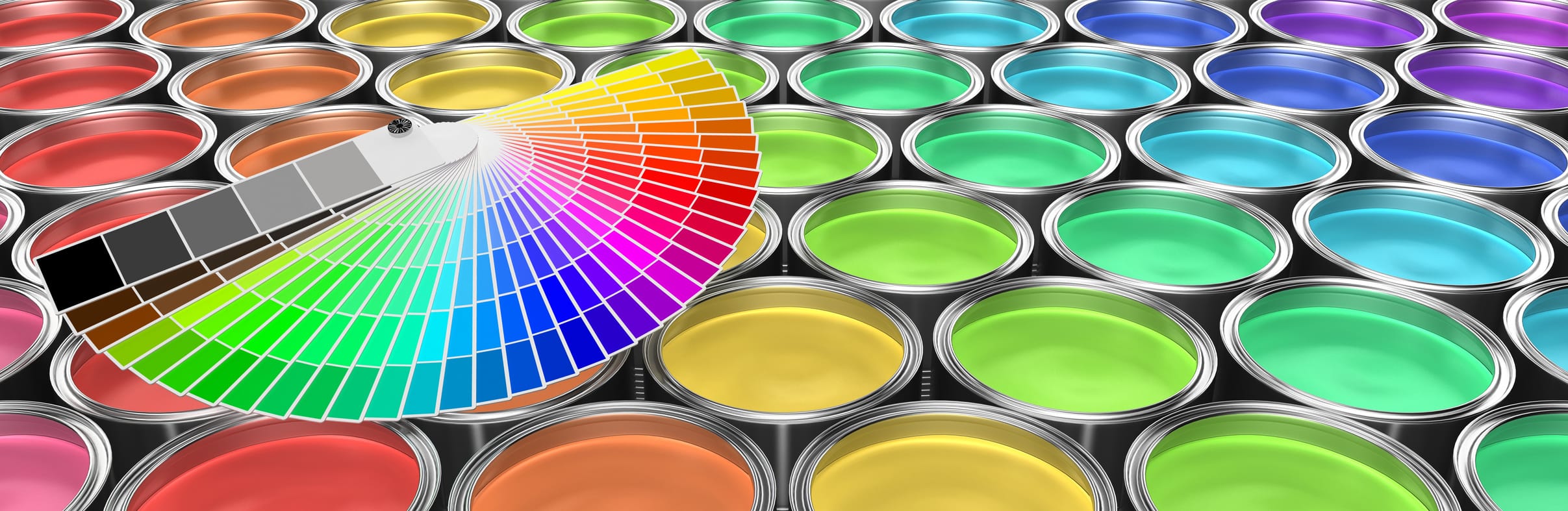 An expansive array of open paint cans in a wide spectrum of colors, arranged neatly in rows. Each can's paint is glossy and vibrant, ranging from warm reds to cool blues and greens. Overlaid on the scene is a large color swatch fan, fanned out to display an even greater variety of shades. This image represents the extensive choices available in paint colors for interior design and decoration.