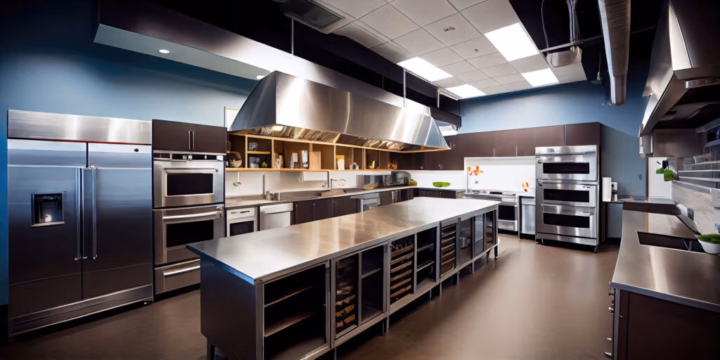 A professional kitchen with stainless steel appliances, including refrigerators, ovens, and exhaust hoods. The central island and countertops provide ample workspaces, and the kitchen features a modern design with blue walls and recessed lighting.