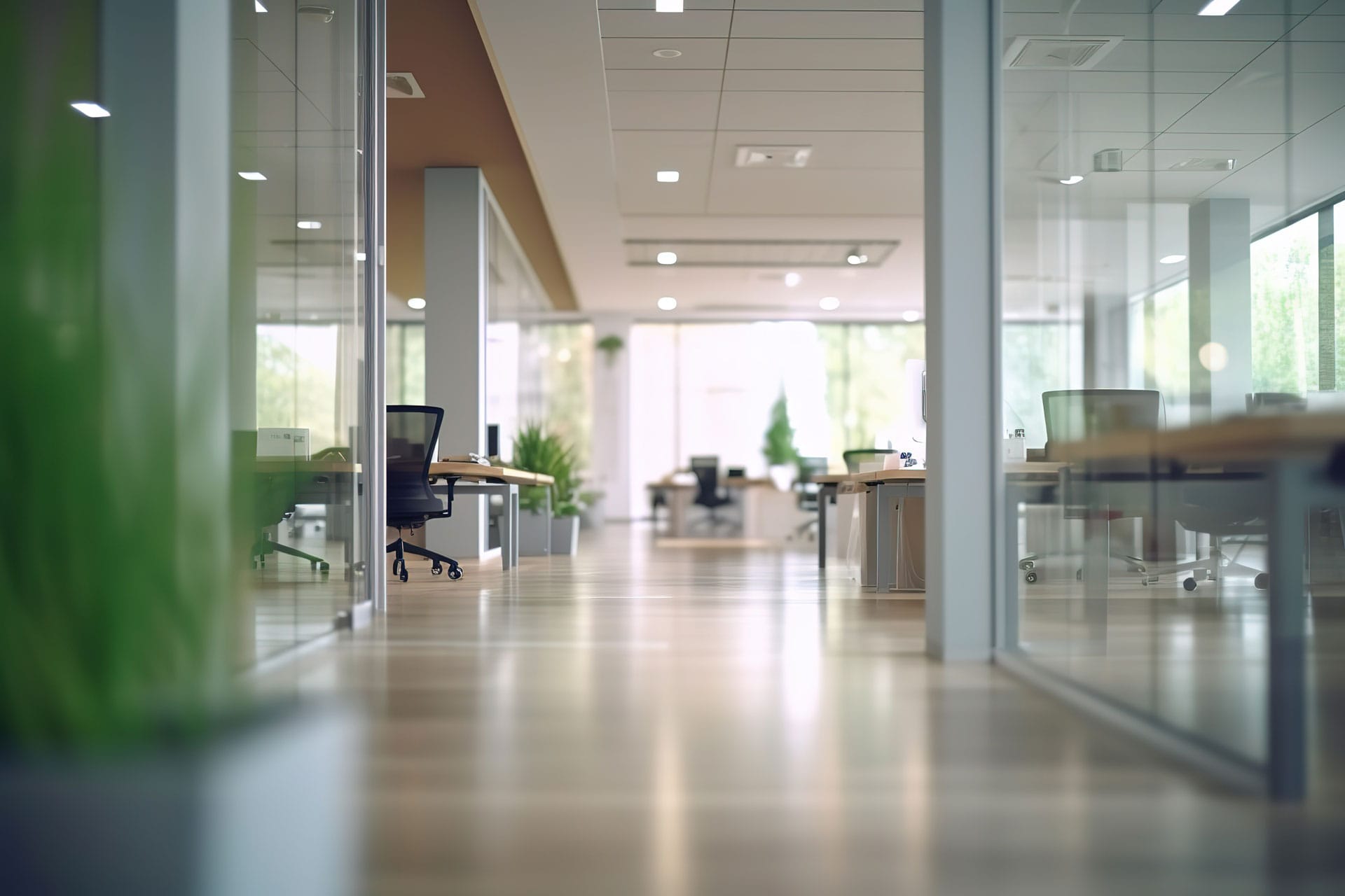 Modern office interior with a perspective view down a hallway flanked by glass walls, showing rows of desks with ergonomic chairs and computers, under a ceiling with recessed lighting. The space is designed with a minimalistic approach and a neutral color palette, creating a professional atmosphere.