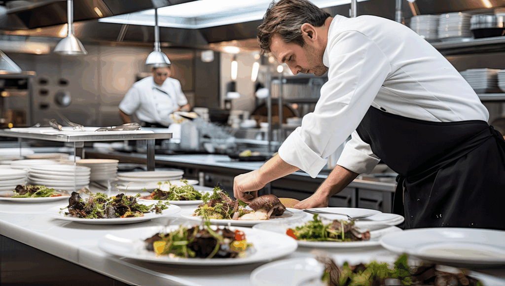 Commercial kitchen with chefs preparing plates of food. Epoxy flooring for areas where food is prepped are ideal for keeping things clean and sanitized.