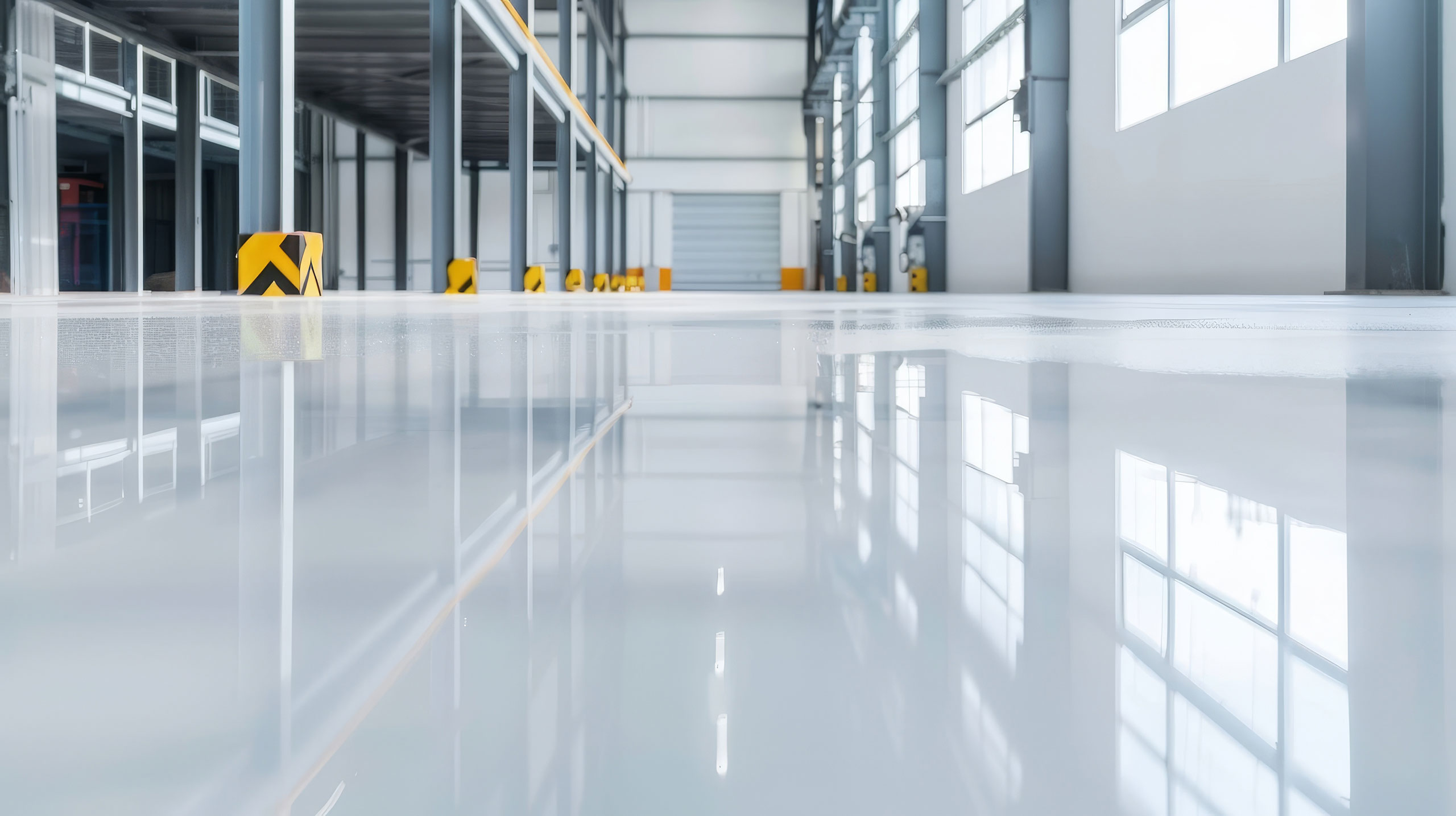 Interior of a modern, empty industrial warehouse with a glossy epoxy-coated floor reflecting the ceiling lights and large windows. The space features high ceilings, steel support beams with yellow and black safety guards, and a large closed roller door at the far end. Natural light fills the area, emphasizing its clean and organized appearance.