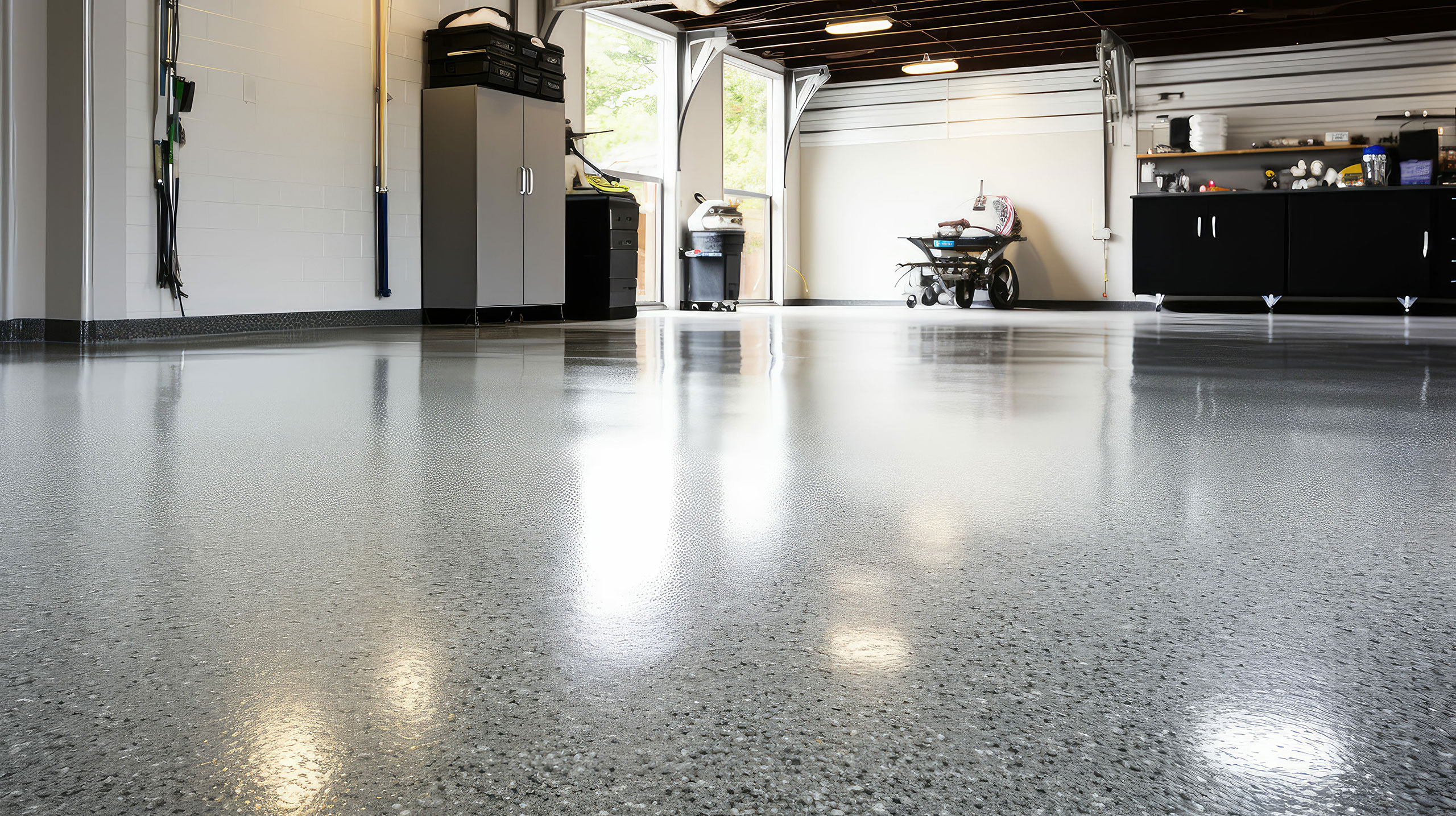 Bright garage interior with polished epoxy floor coating, storage cabinets, and natural light from large open doors