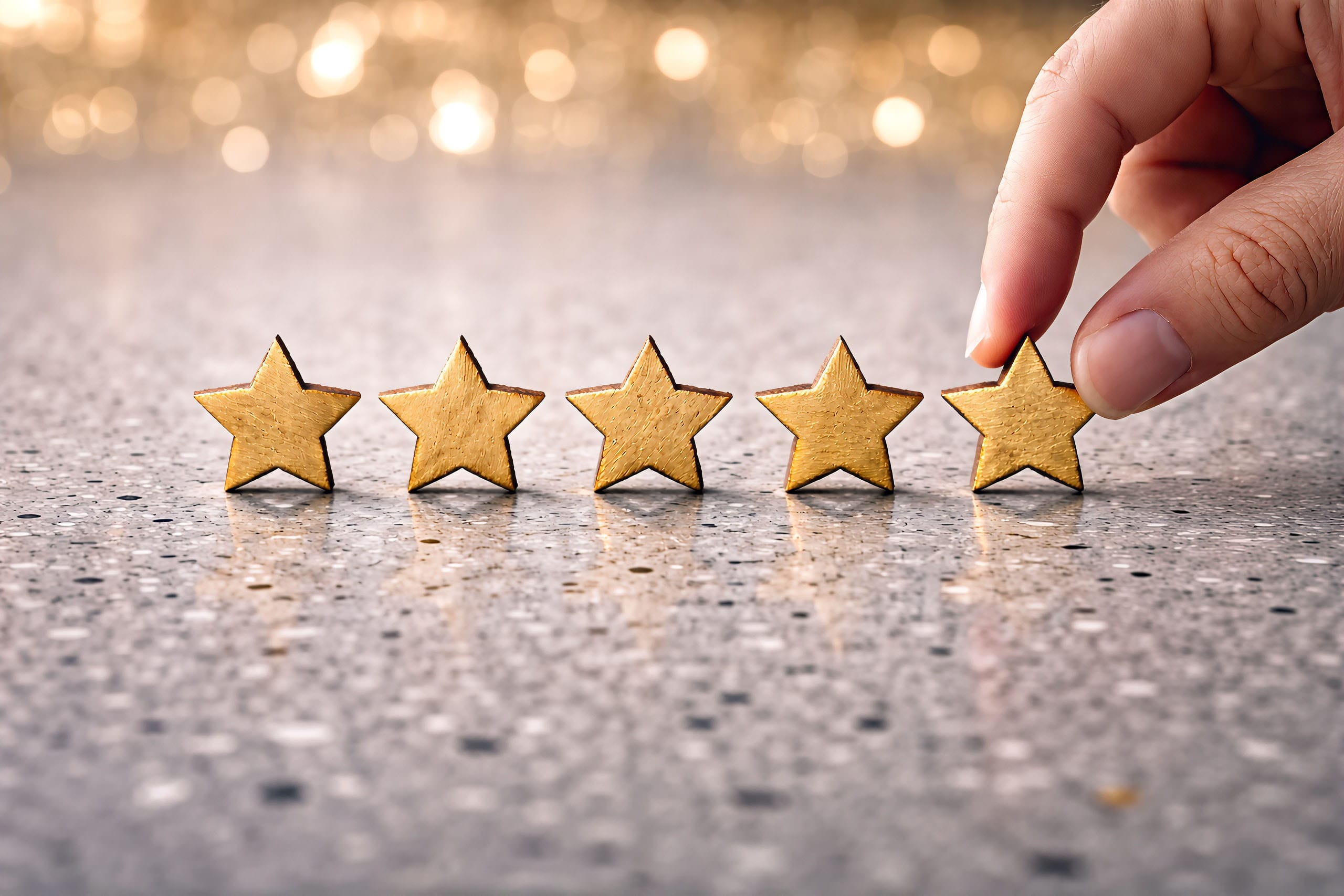 Testimonials Five gold star icons arranged in a row on a glossy, speckled epoxy garage floor, with a hand placing the fifth star, symbolizing a five-star rating or customer satisfaction.