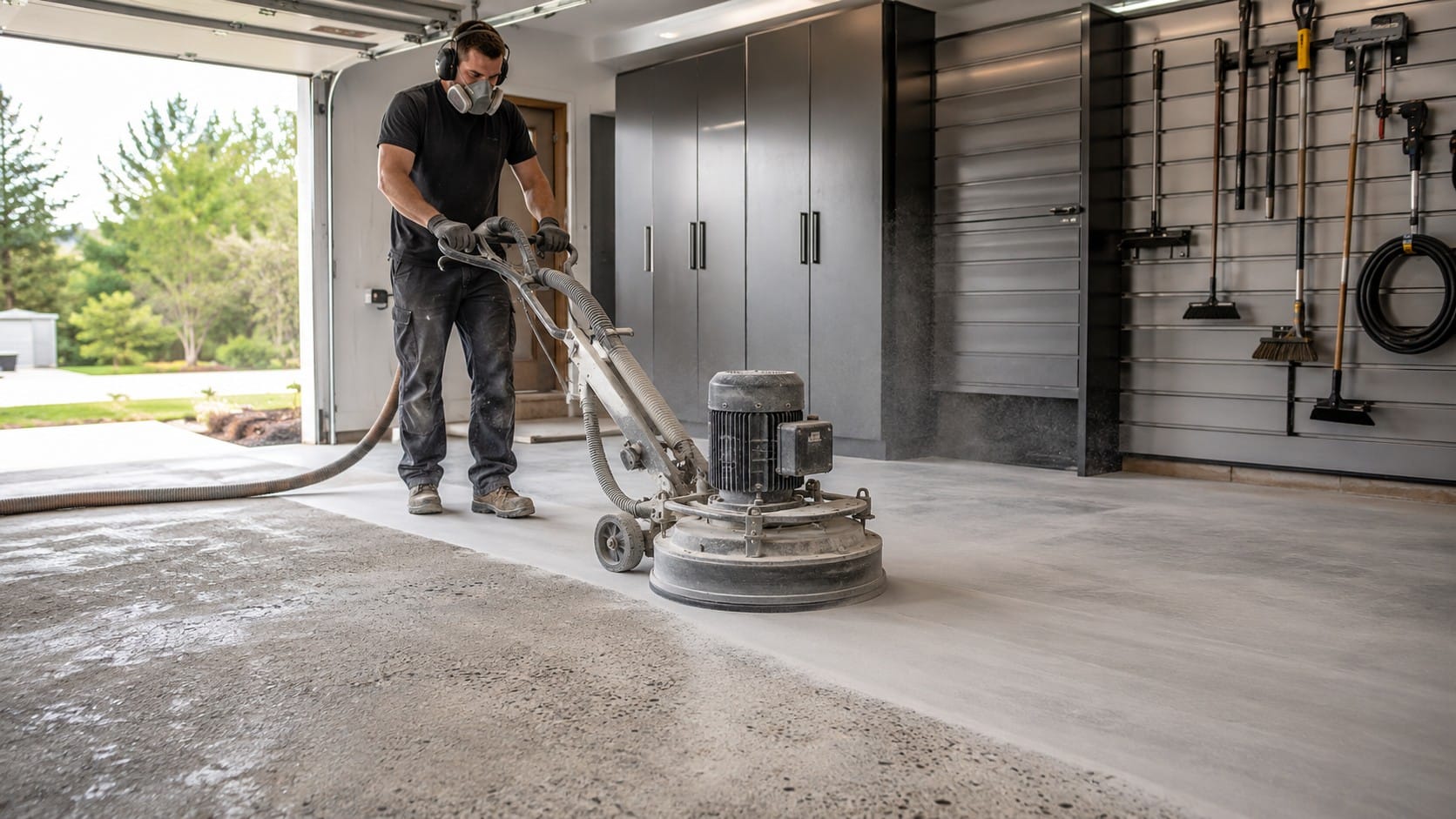 Contractor using a floor grinder to prepare a concrete garage floor for an epoxy coating, with light concrete dust and visible contrast between rough and freshly ground concrete.