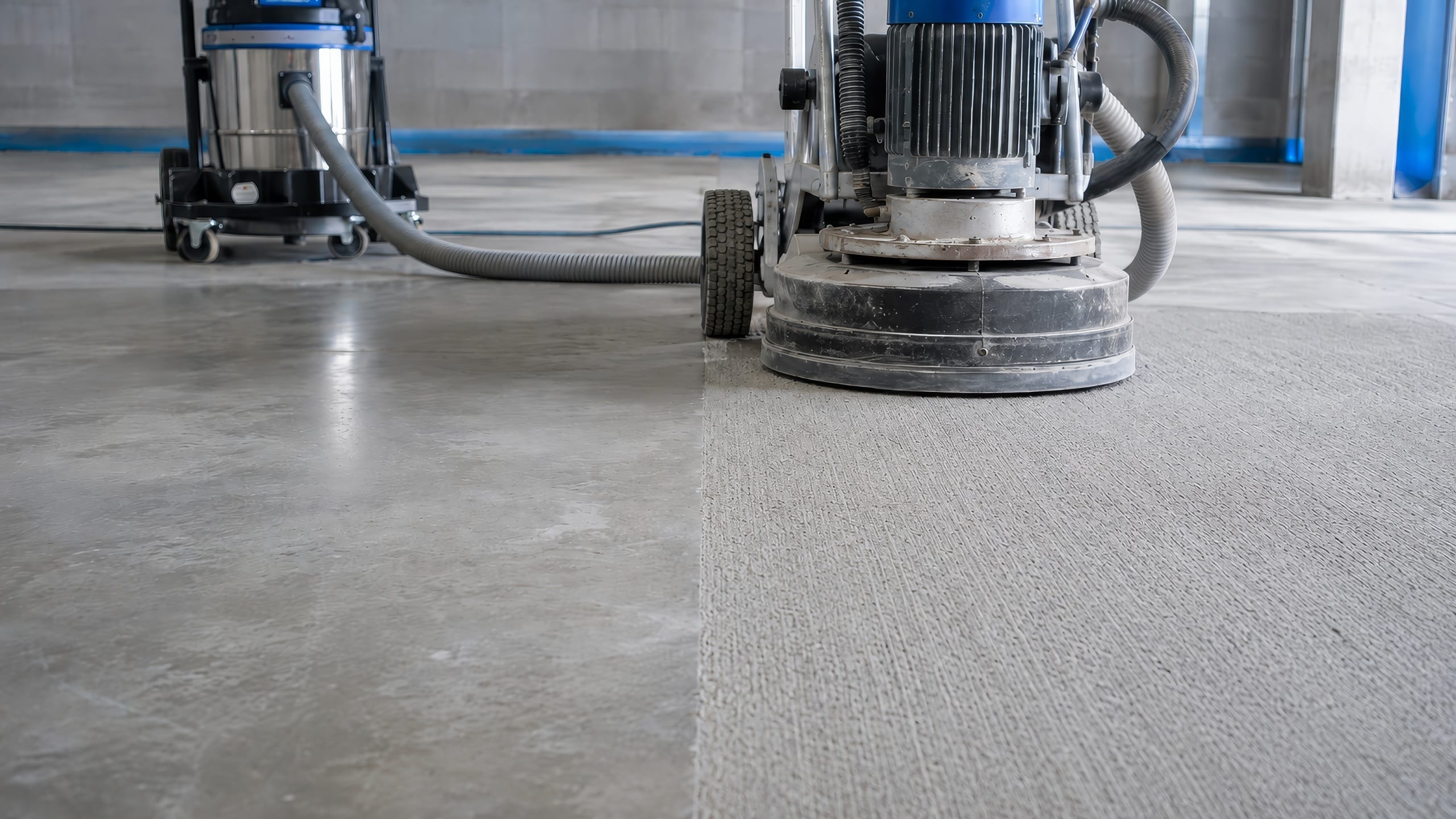 Close-up of a floor grinder preparing a concrete surface, showing the contrast between smooth concrete and a subtly textured area ready for epoxy coating, with dust-control equipment in the background.