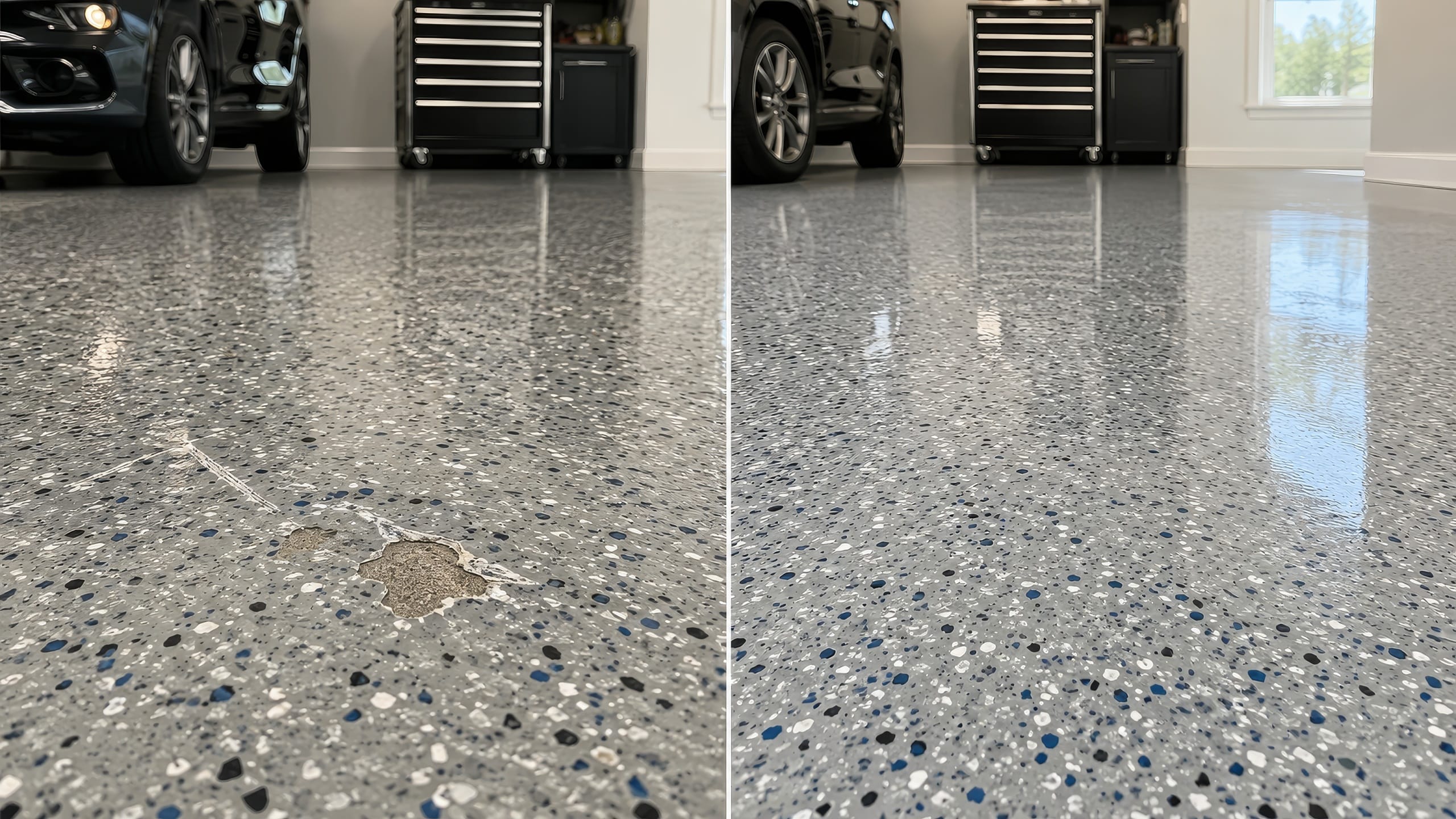 Split-screen photo of a decorative flake epoxy garage floor before and after repair. On the left, a gray speckled floor shows a scratch and a chipped area exposing the surface beneath. On the right, the same floor appears smoothly repaired with a glossy finish and nearly invisible damage. A dark vehicle, black tool cabinet, and bright garage window appear in the background.