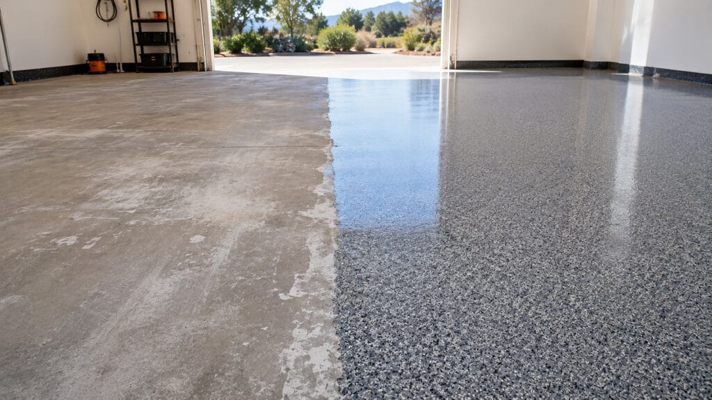 Garage floor showing a side-by-side comparison of worn concrete and a professionally finished epoxy coating.