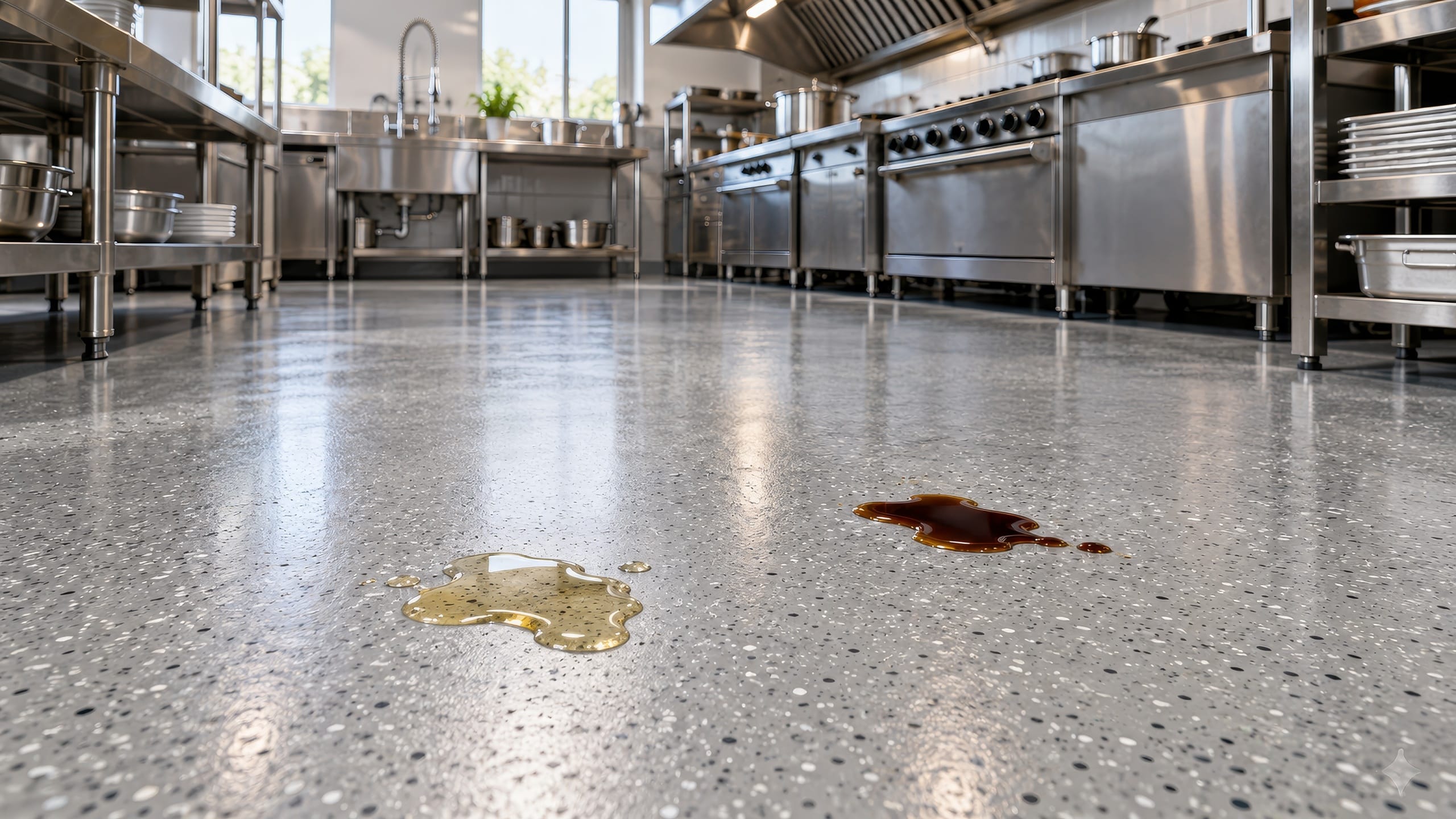 Small oil and dark sauce spills on a gray decorative epoxy floor in a commercial kitchen with stainless steel appliances.